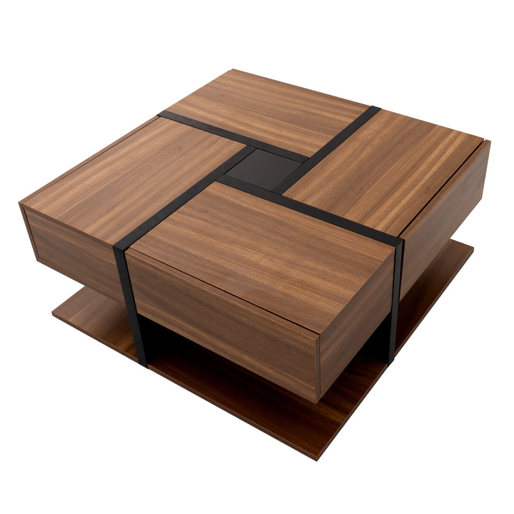Wood industrial coffee table with 4 drawers and line design AILZAIL BROWN UK