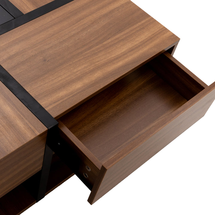 Wood industrial coffee table with 4 drawers and line design AILZAIL BROWN UK