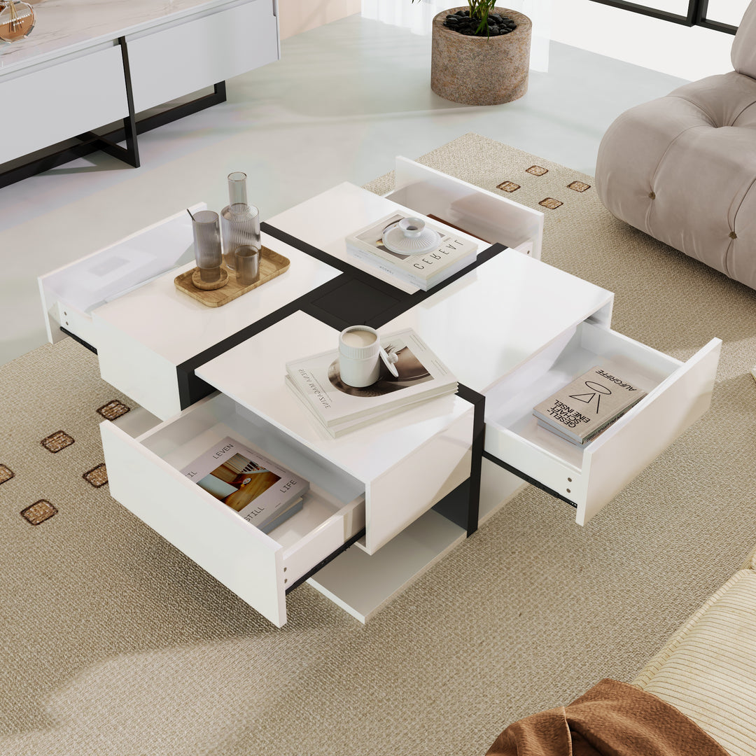 White square coffee table with 4 drawers line design AILZAIL WHITE UK