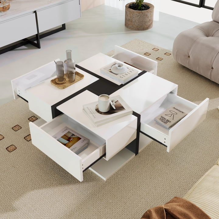 White square coffee table with 4 drawers line design AILZAIL WHITE UK