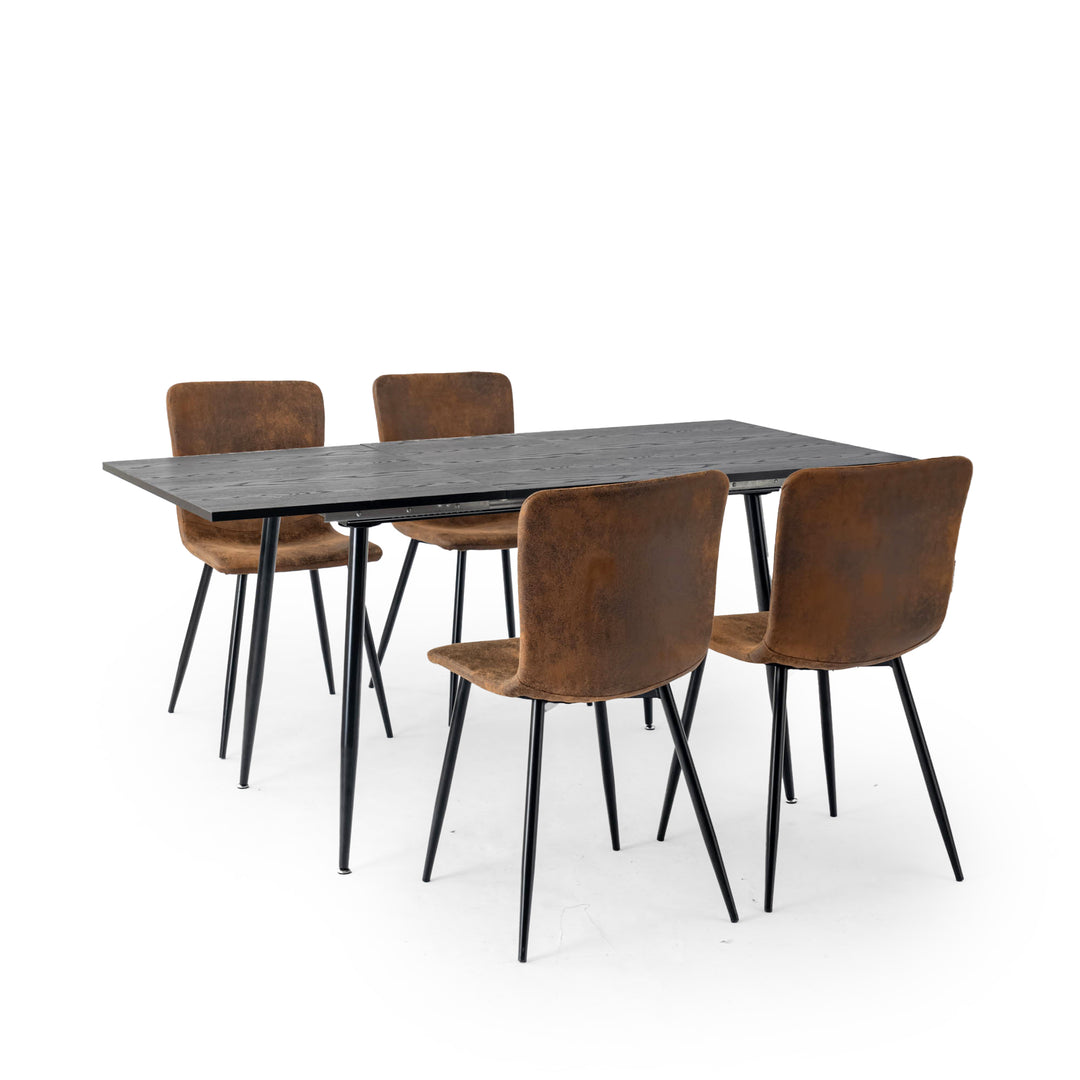 Dining set, rectangular black extensible dining table with 4 scandinavian dining chairs suede WHALEN DARK WOOD STRETCH TABLE BG + SCARGILL SUEDE BLACK LEG 4PCS QY