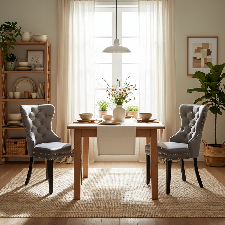 Set of 2 dark grey velvet upholstery button dining chairs with oak black legs with stud LEPROSE