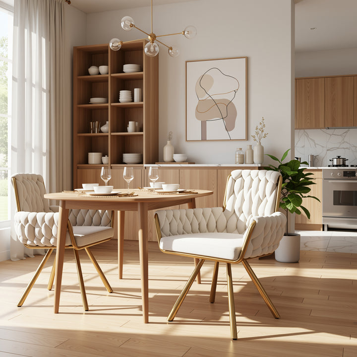 Set of 2 tufted beige velvet upholstery 360° swivel dining & lounge chair quilted gold base SALTGLAND