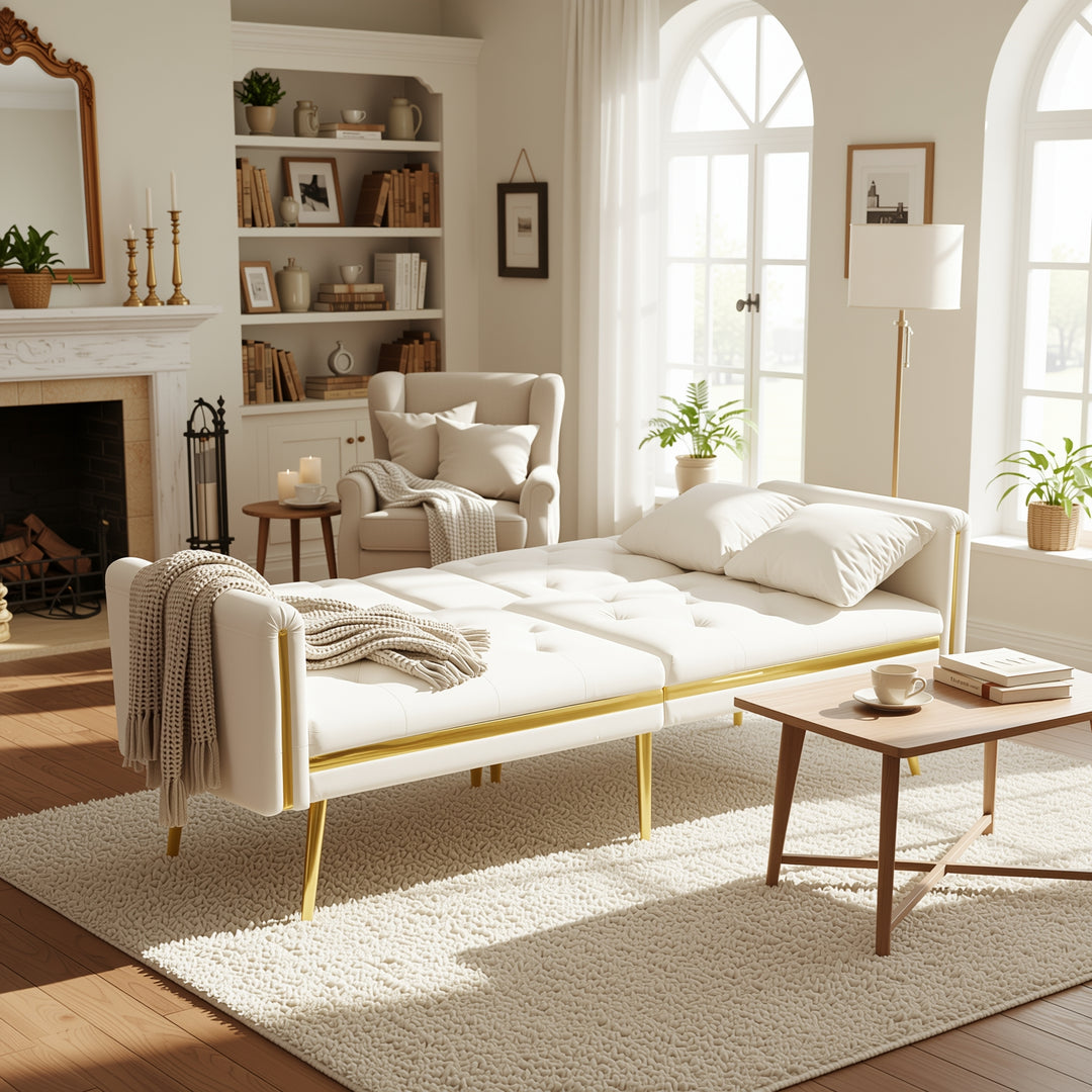 Beige velvet tufted 2-seater sofa bed with gold legs hidden fold-down cup holder COTTONPUFF