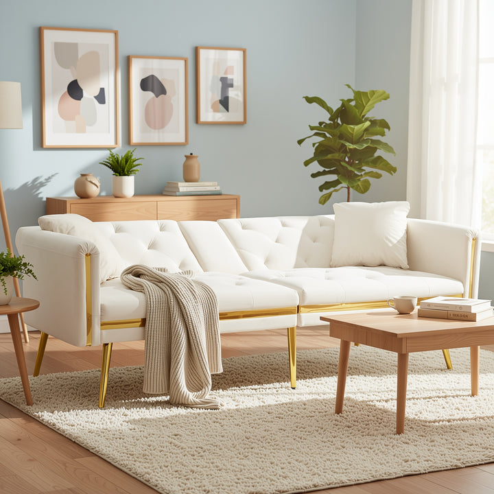 Beige velvet tufted 2-seater sofa bed with gold legs hidden fold-down cup holder COTTONPUFF