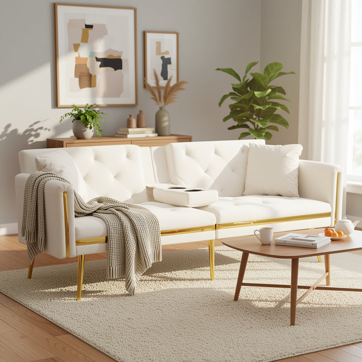 Beige velvet tufted 2-seater sofa bed with gold legs hidden fold-down cup holder COTTONPUFF