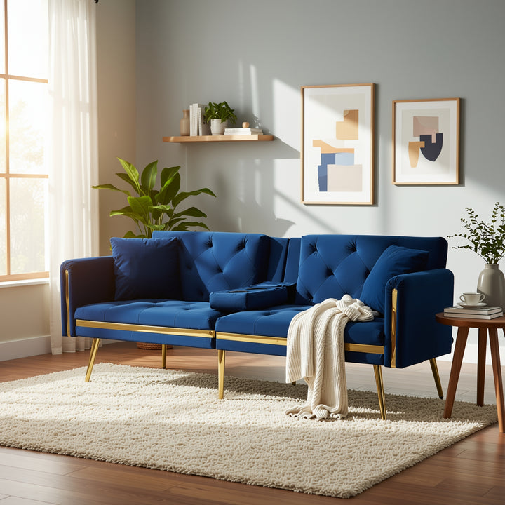 Blue velvet tufted 2-seater sofa bed with gold legs hidden fold-down cup holder FUMAROLEVENT