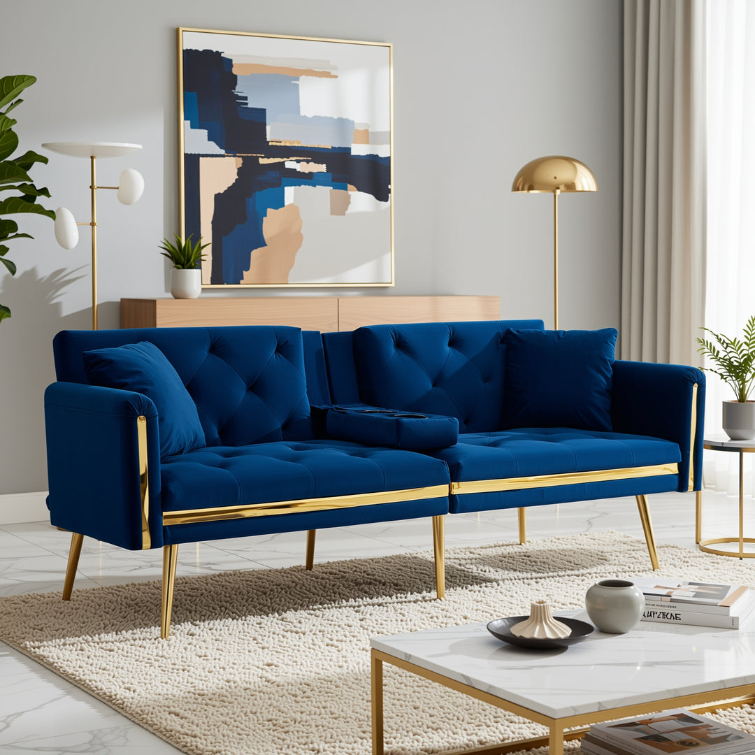 Blue velvet tufted 2-seater sofa bed with gold legs hidden fold-down cup holder FUMAROLEVENT
