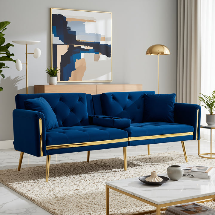 Blue velvet tufted 2-seater sofa bed with gold legs hidden fold-down cup holder FUMAROLEVENT