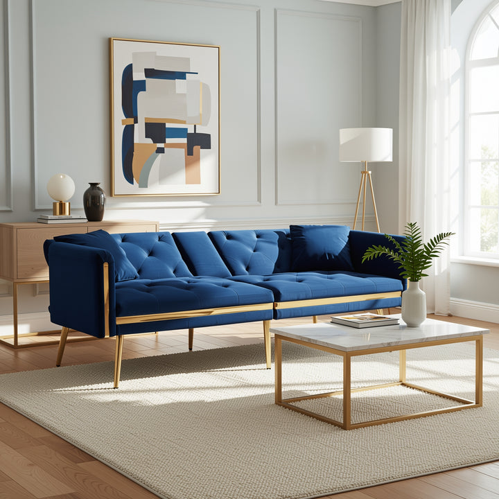 Blue velvet tufted 2-seater sofa bed with gold legs hidden fold-down cup holder FUMAROLEVENT