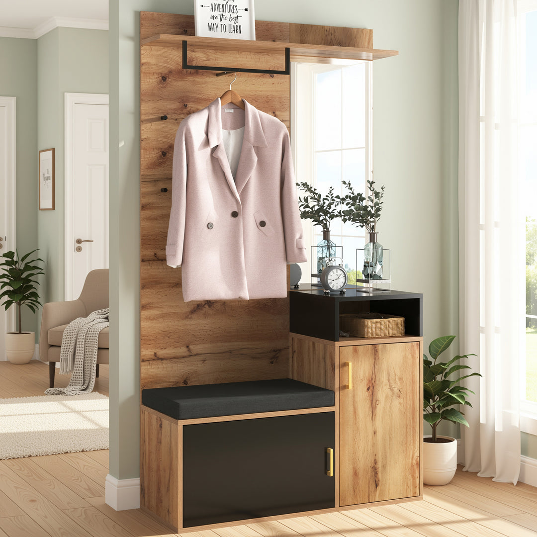 Wooden look entryway coat rack with bench shoe cabinet & mirror CLUBMOSSSPIKE