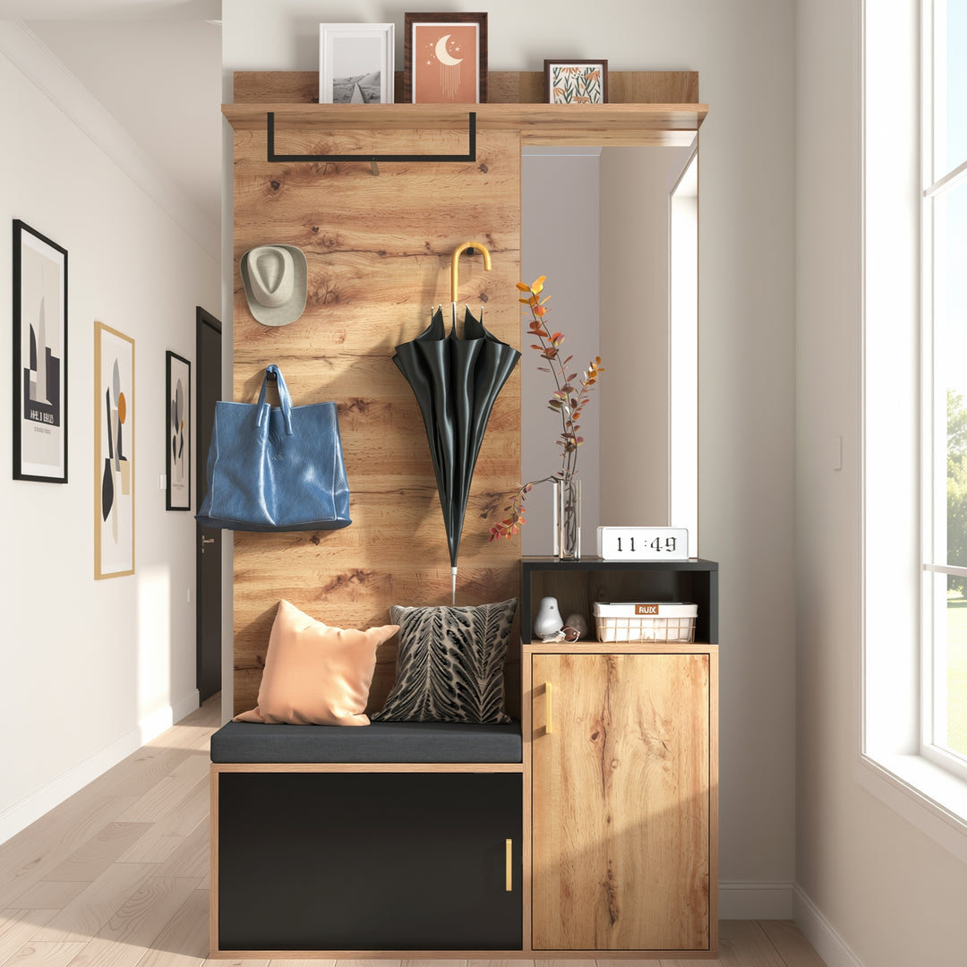 Wooden look entryway coat rack with bench shoe cabinet & mirror CLUBMOSSSPIKE