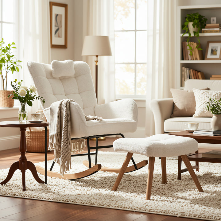 White bouclé fabric rocking chair with footstool and neck pillow PHLOEM