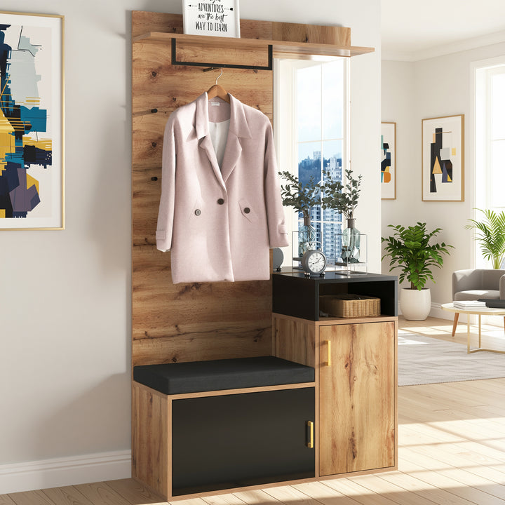 Wooden look entryway coat rack with bench shoe cabinet & mirror CLUBMOSSSPIKE