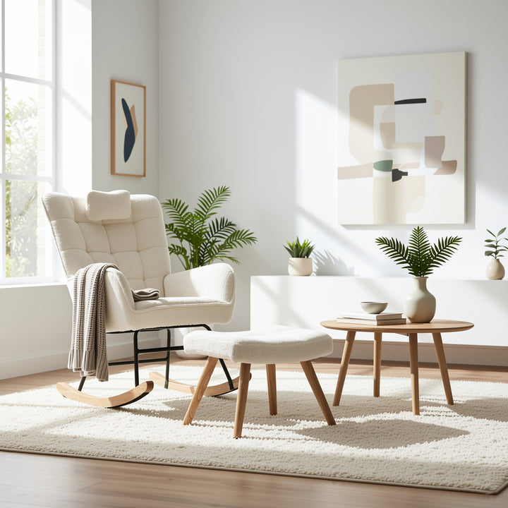 White bouclé fabric rocking chair with footstool and neck pillow PHLOEM
