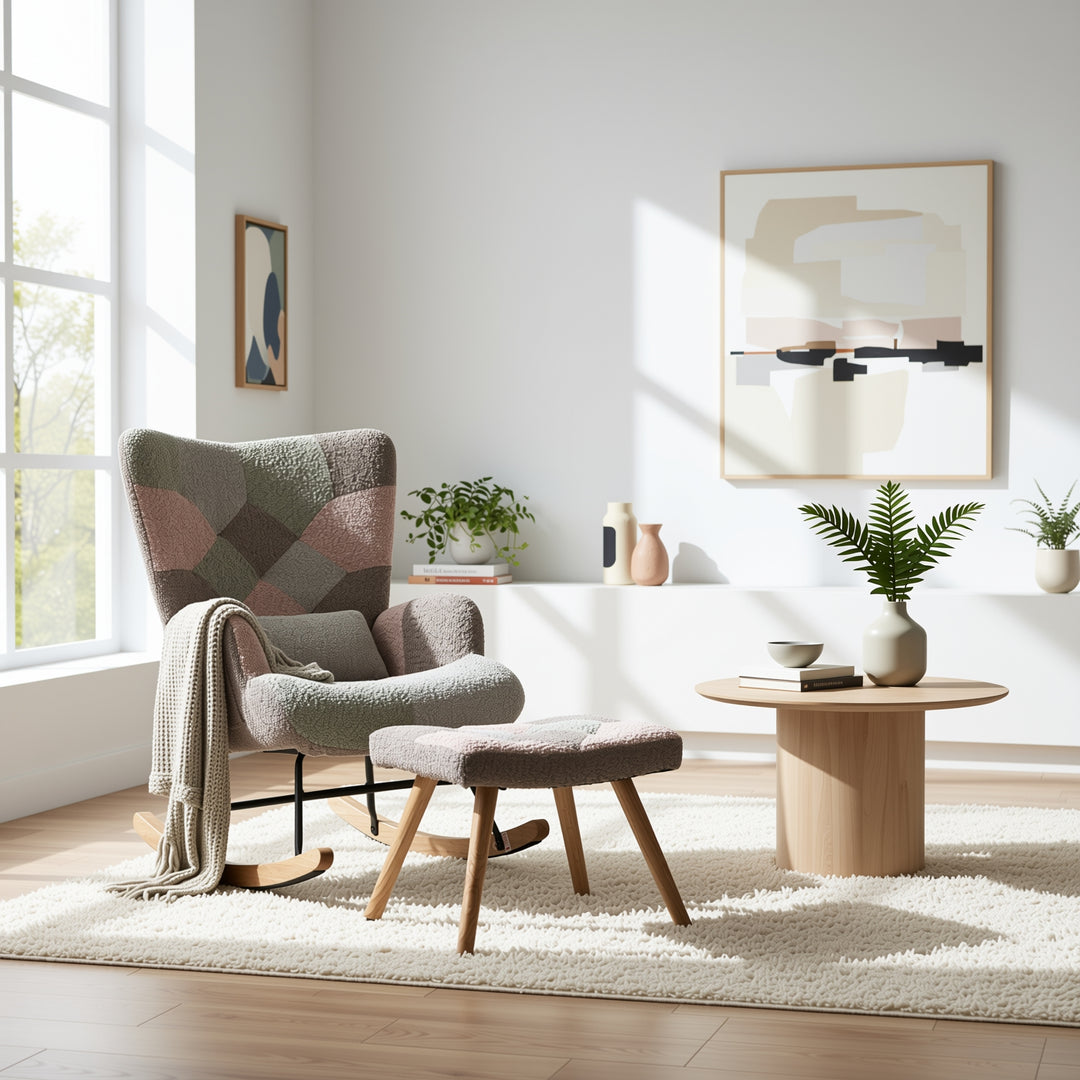 Patchwork rocking chair with footstool, bouclé fabric accent chair with wooden legs and cushion RECTRIX