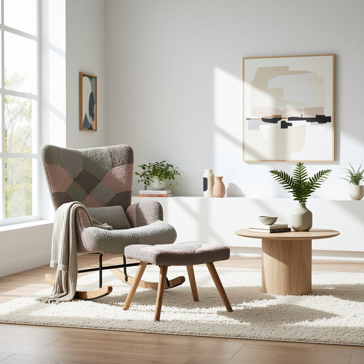Patchwork rocking chair with footstool, bouclé fabric accent chair with wooden legs and cushion RECTRIX