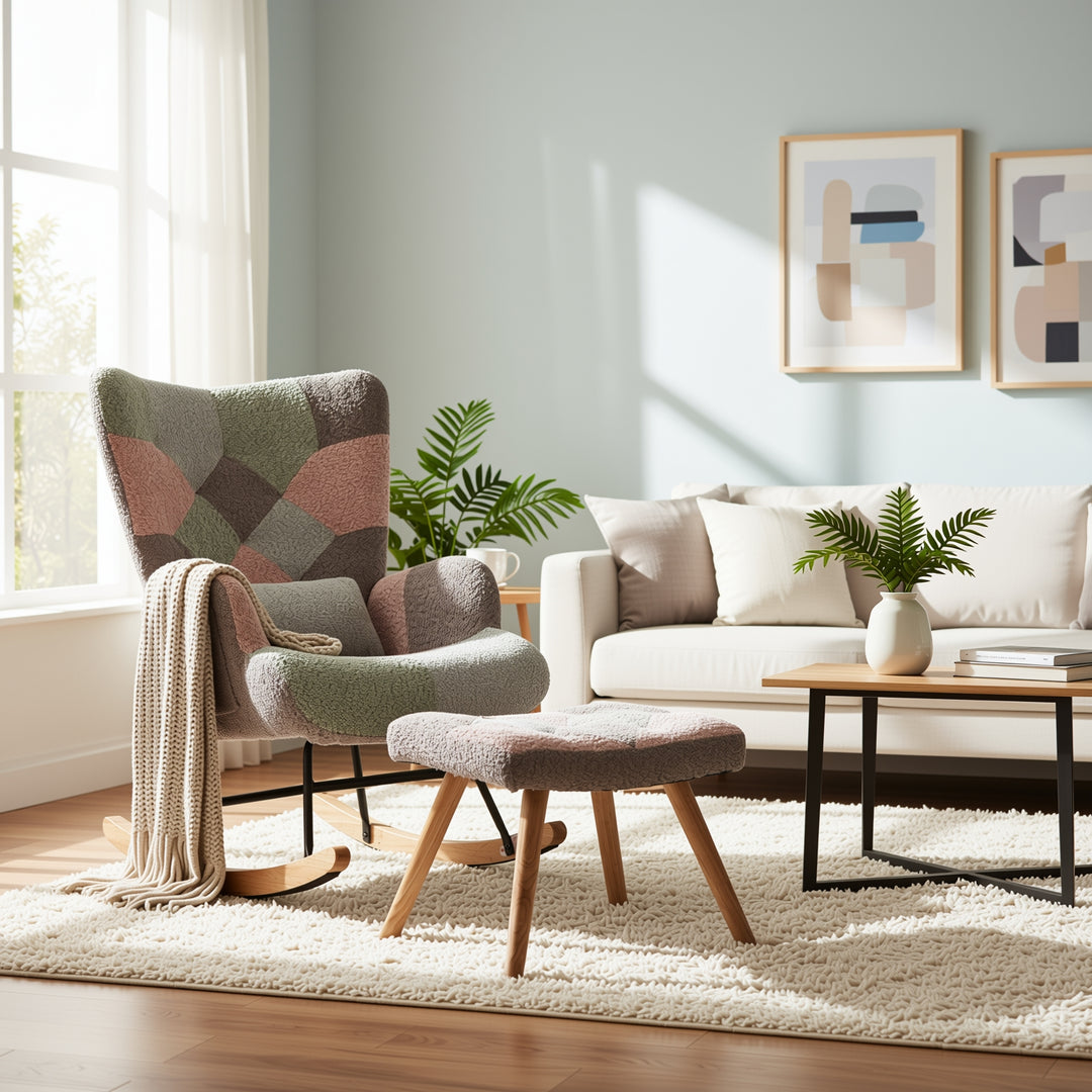 Patchwork rocking chair with footstool, bouclé fabric accent chair with wooden legs and cushion RECTRIX