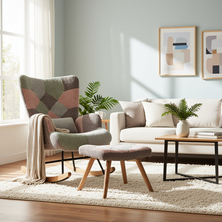 Patchwork rocking chair with footstool, bouclé fabric accent chair with wooden legs and cushion RECTRIX