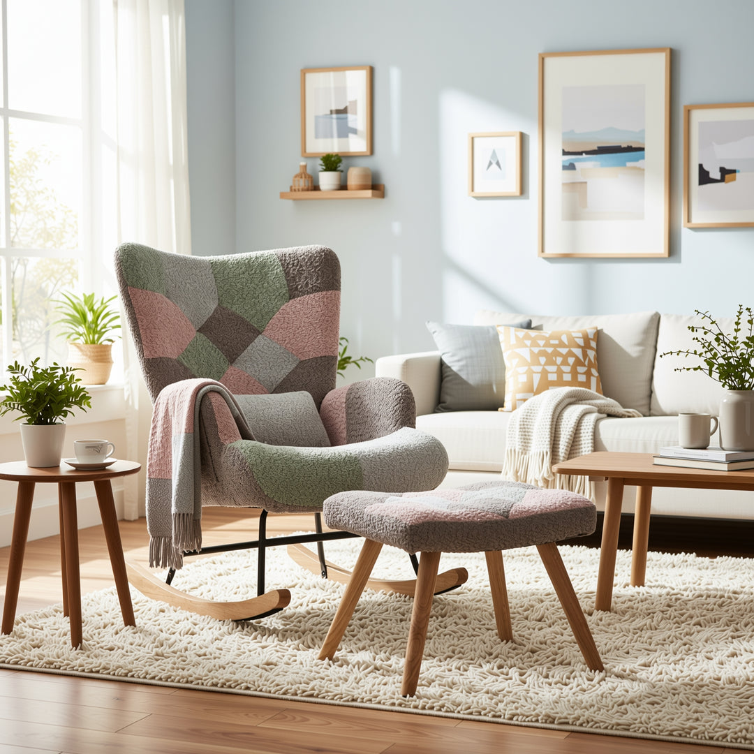 Patchwork rocking chair with footstool, bouclé fabric accent chair with wooden legs and cushion RECTRIX