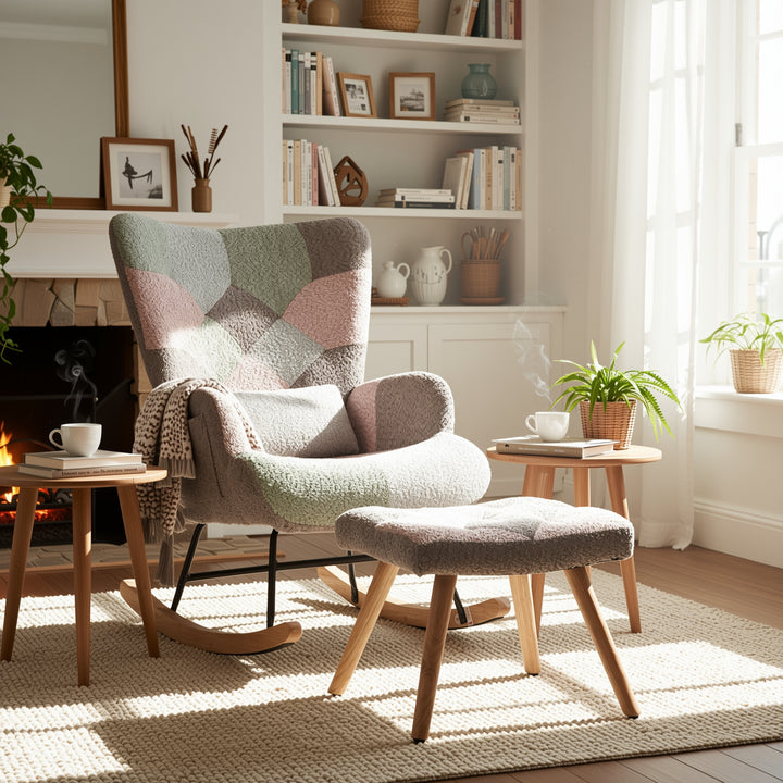 Patchwork rocking chair with footstool, bouclé fabric accent chair with wooden legs and cushion RECTRIX