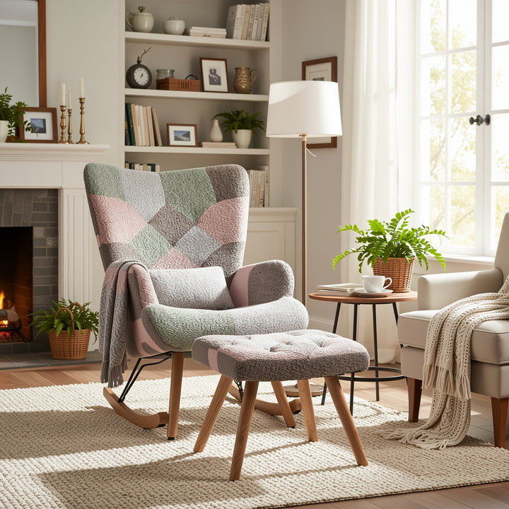 Patchwork rocking chair with footstool, bouclé fabric accent chair with wooden legs and cushion RECTRIX