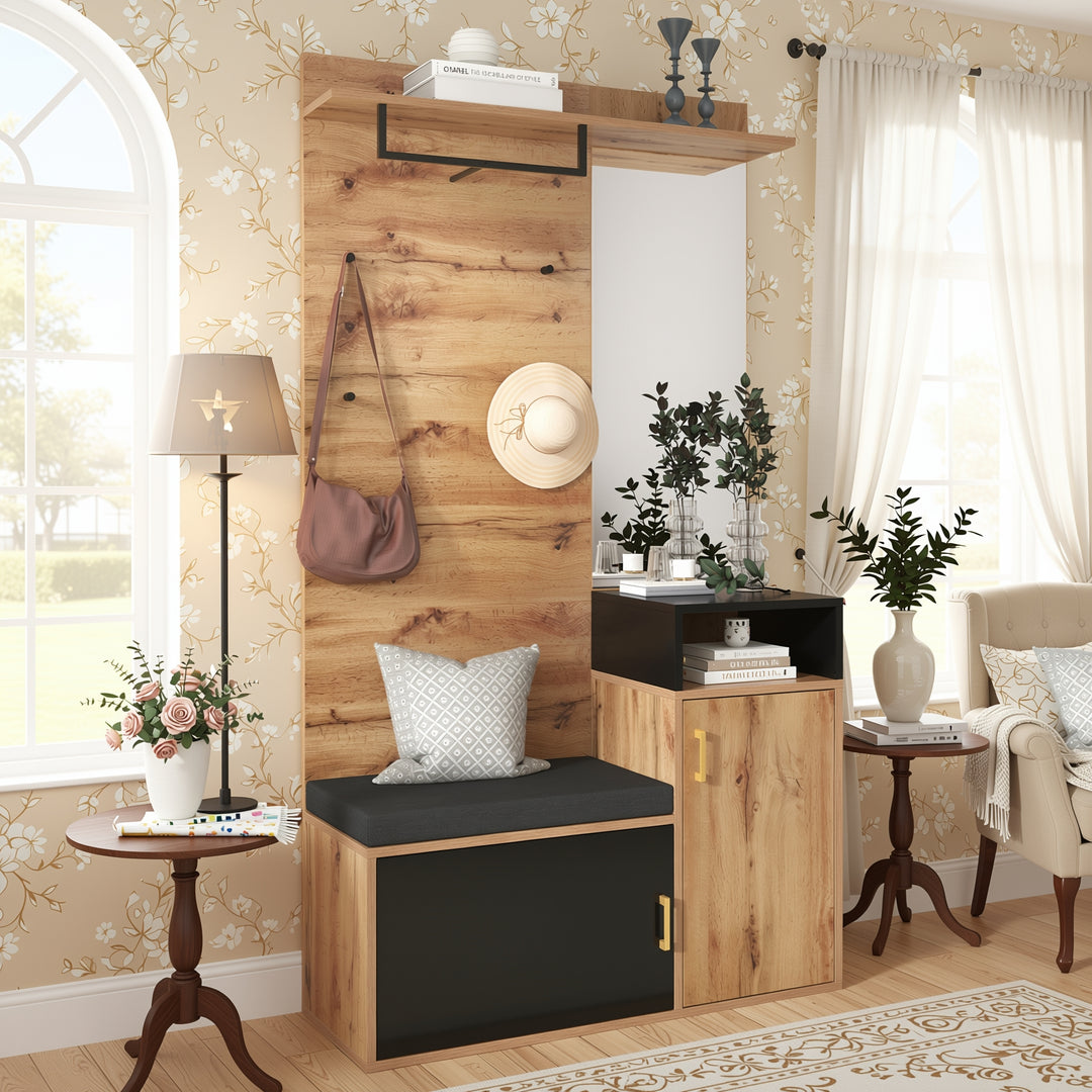 Wooden look entryway coat rack with bench shoe cabinet & mirror CLUBMOSSSPIKE