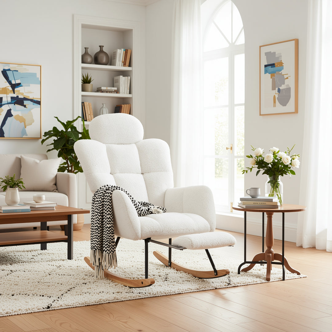 Teddy fabric tufted nursery rocking chair with footrest HABOOBBREATH
