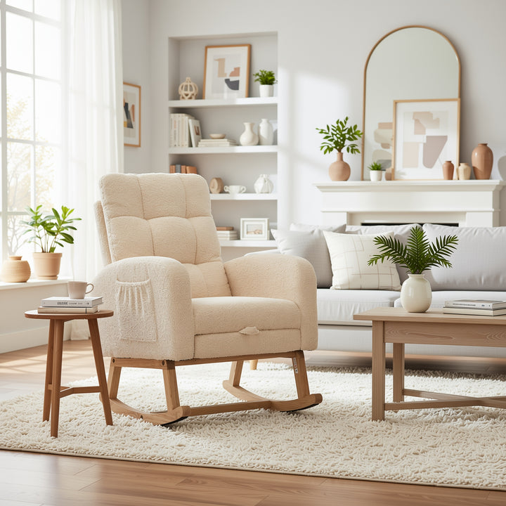 Beige teddy nursery rocking chair with adjustable footrest COMETLOAM