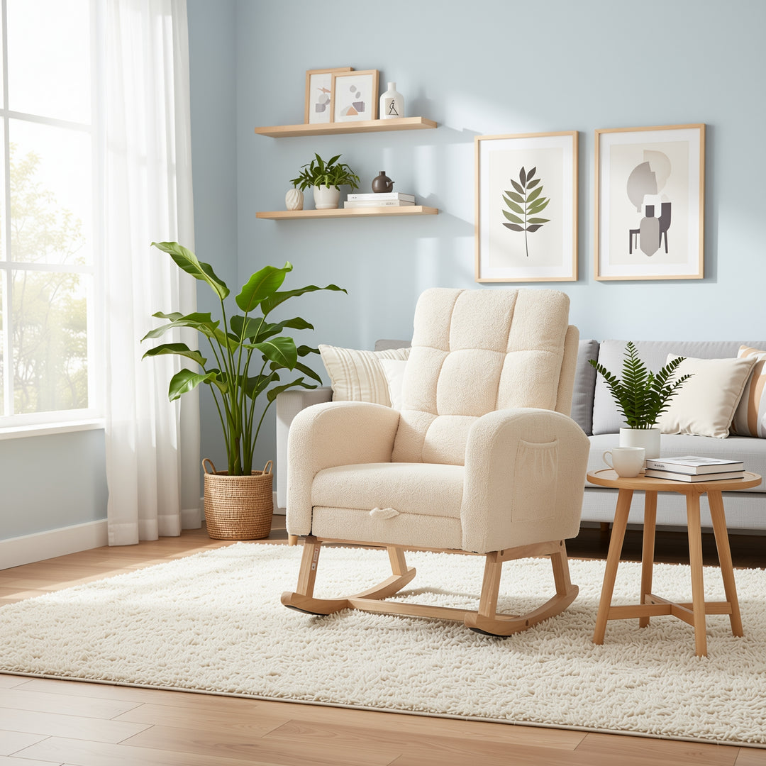 Beige teddy nursery rocking chair with adjustable footrest COMETLOAM