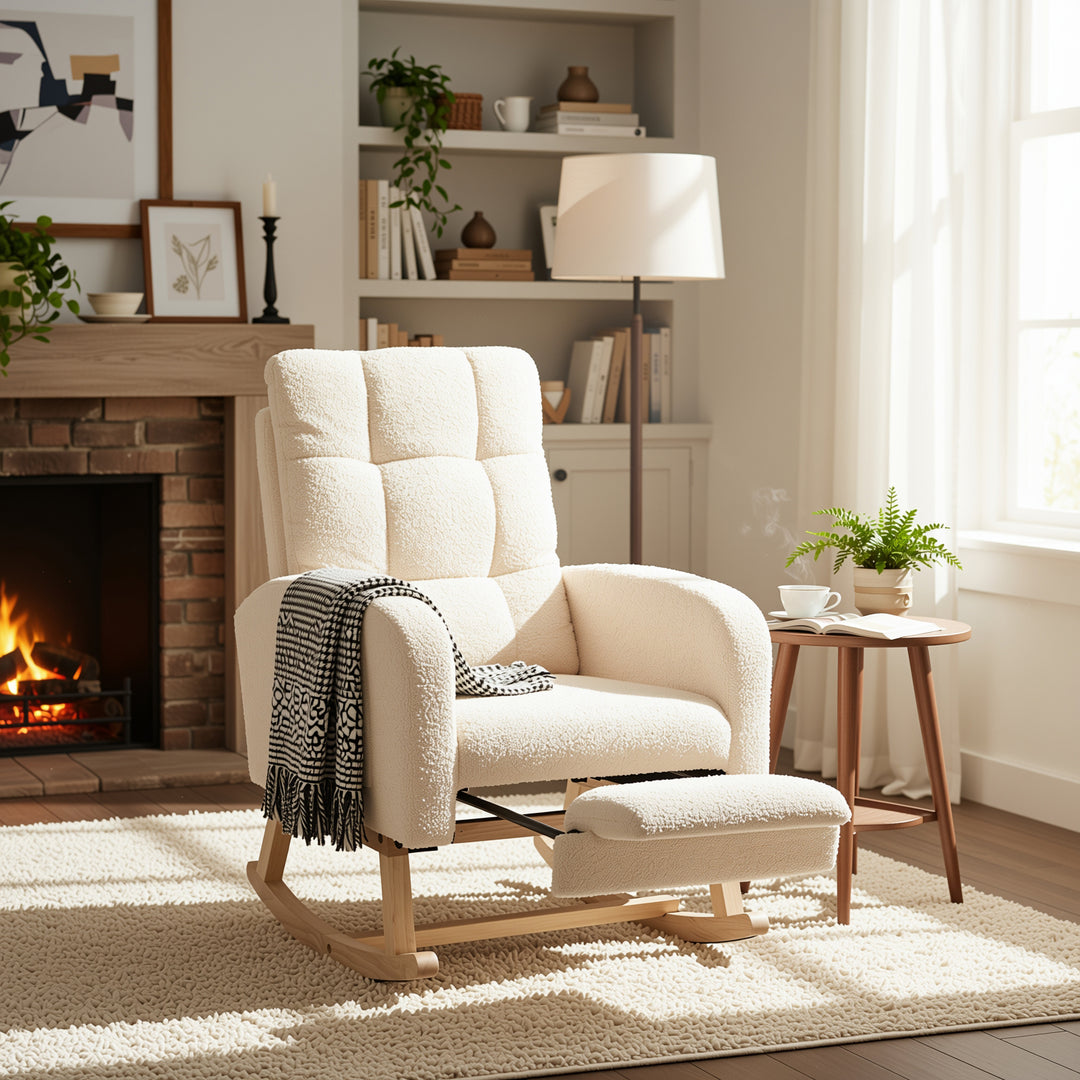 Beige teddy nursery rocking chair with adjustable footrest COMETLOAM