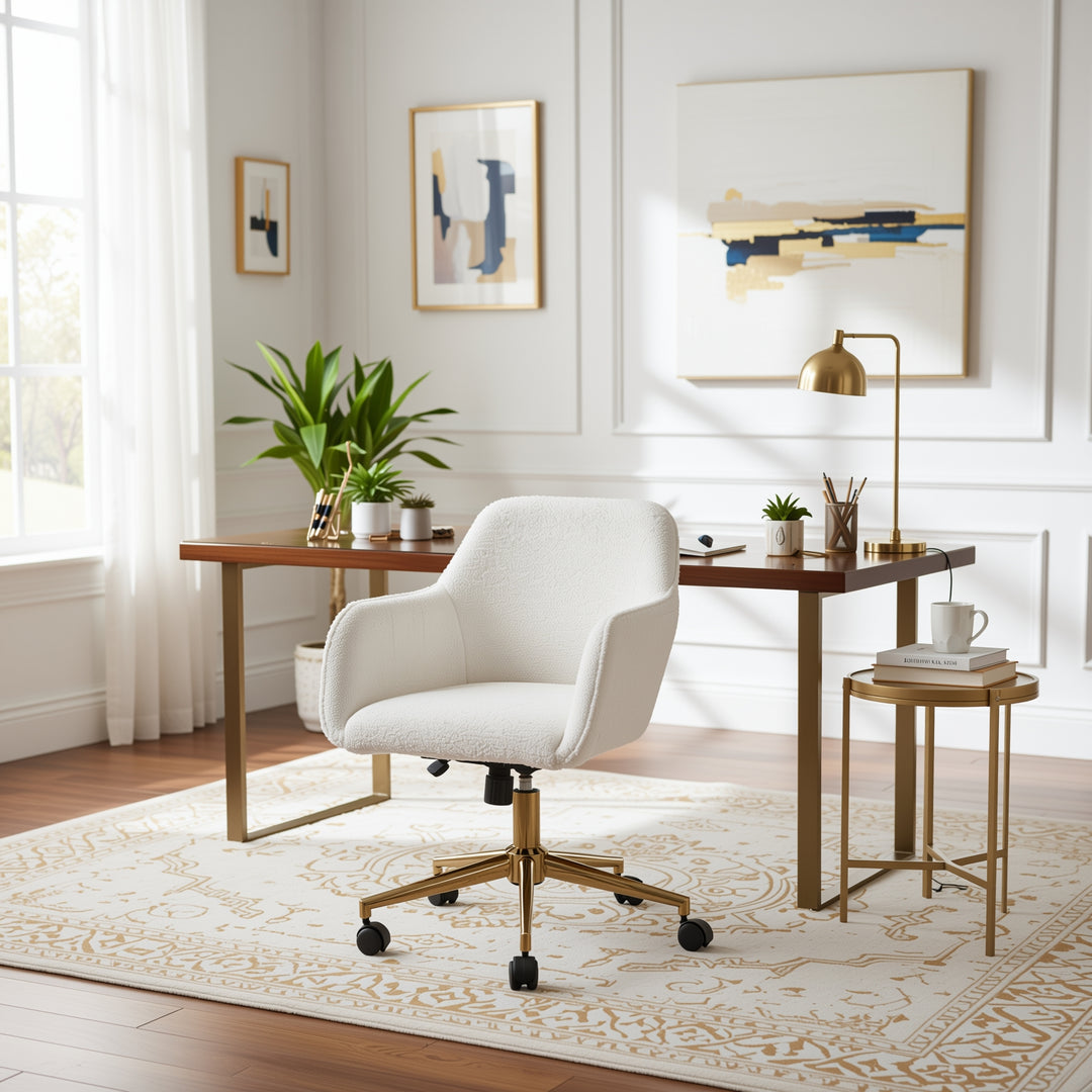 Teddy fabric white swivel office chair golden accents PUMICEGULCH