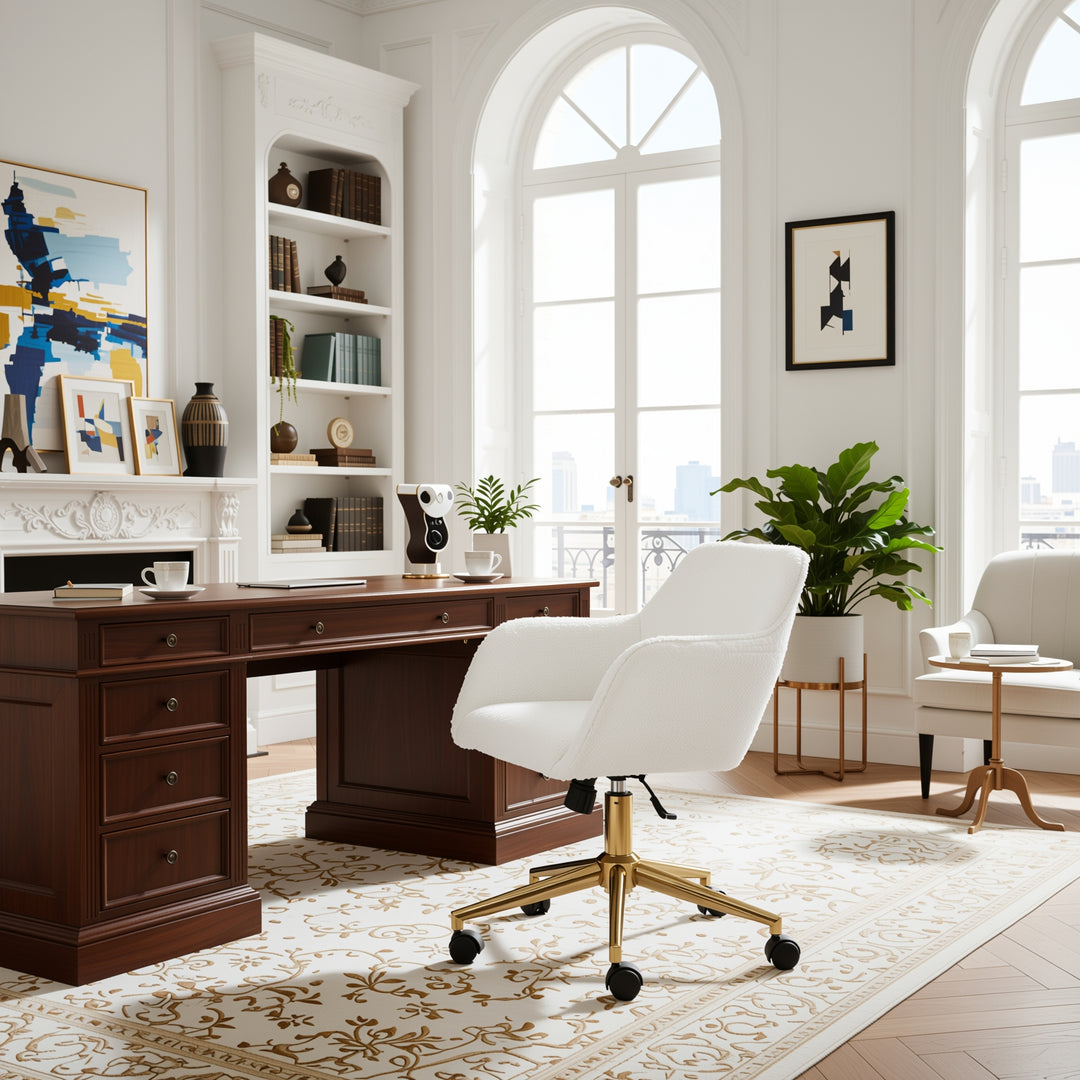 Teddy fabric white swivel office chair golden accents PUMICEGULCH