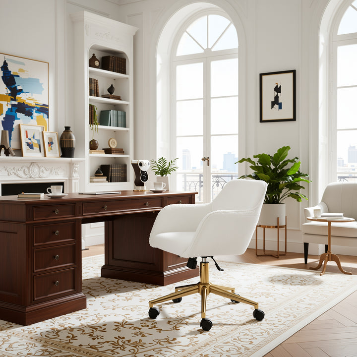 Teddy fabric white swivel office chair golden accents PUMICEGULCH