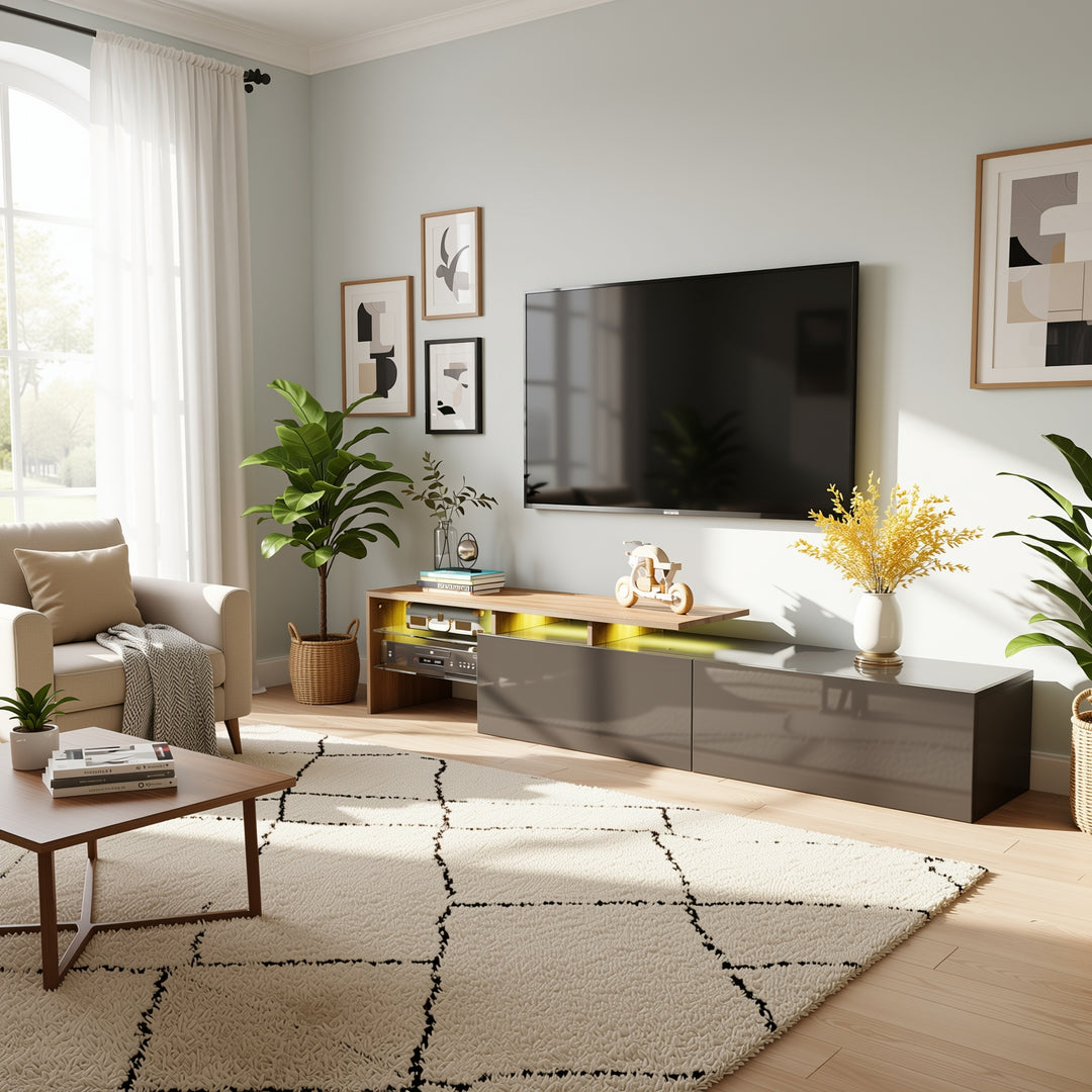 Modern black high gloss TV cabinet with glass shelves and LED lighting KETTLEHOLE