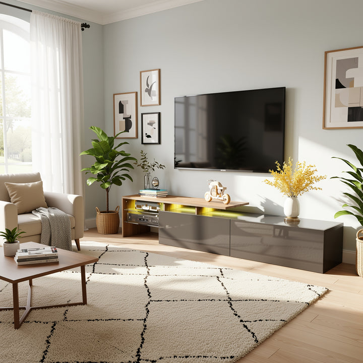 Modern black high gloss TV cabinet with glass shelves and LED lighting KETTLEHOLE