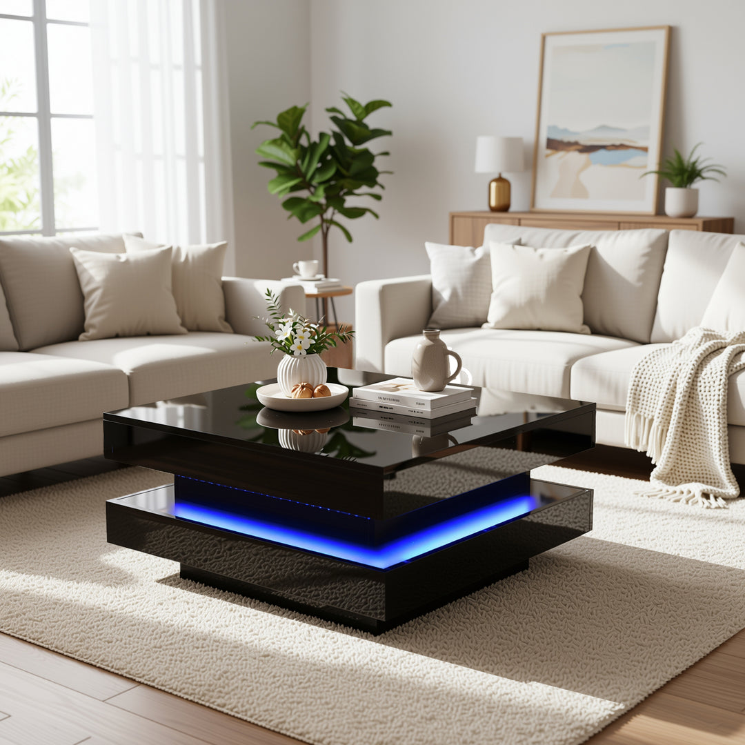 Black high gloss square coffee table with 360° rotating top LED lighting KERATINSCALE