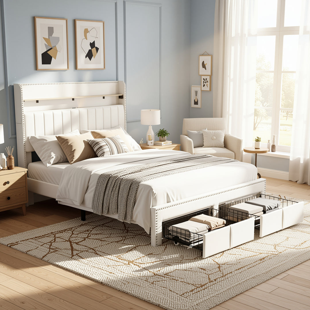 Beige linen upholstered divan double Bed 135x190cm with 2 storage drawers and LED lighting & charging ports (no mattress) OGHAMNOTCH