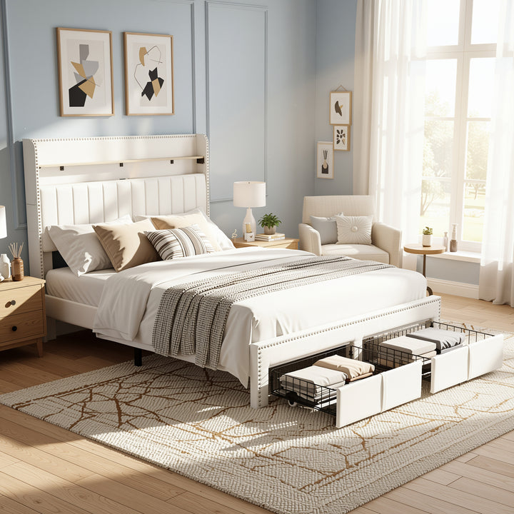 Beige linen upholstered divan double Bed 135x190cm with 2 storage drawers and LED lighting & charging ports (no mattress) OGHAMNOTCH