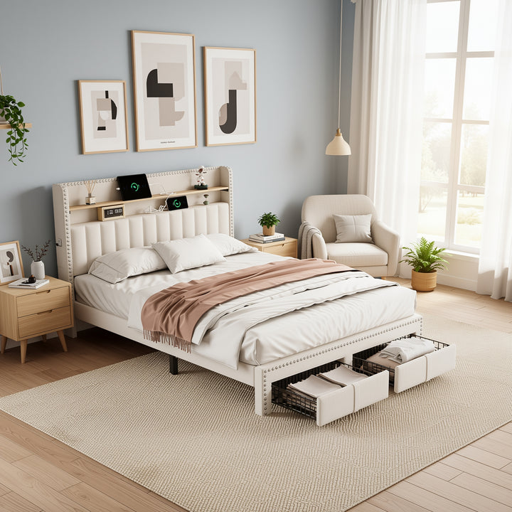 Beige linen upholstered divan double Bed 135x190cm with 2 storage drawers and LED lighting & charging ports (no mattress) OGHAMNOTCH