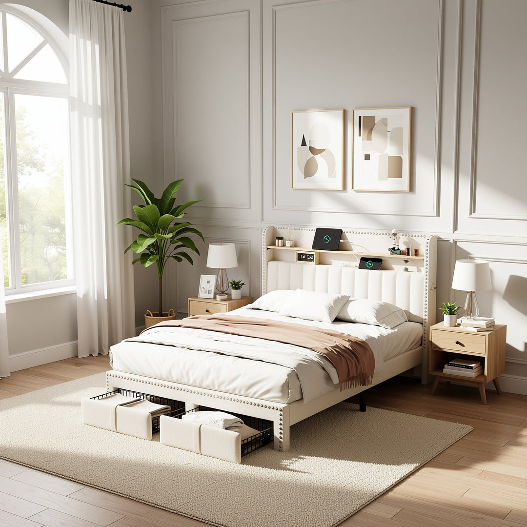 Beige linen upholstered divan double Bed 135x190cm with 2 storage drawers and LED lighting & charging ports (no mattress) OGHAMNOTCH