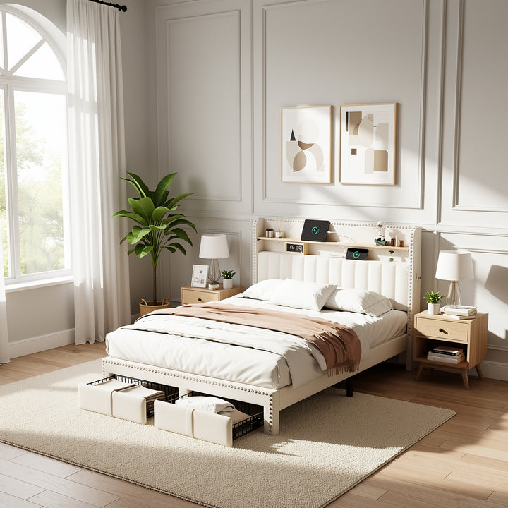 Beige linen upholstered divan double Bed 135x190cm with 2 storage drawers and LED lighting & charging ports (no mattress) OGHAMNOTCH