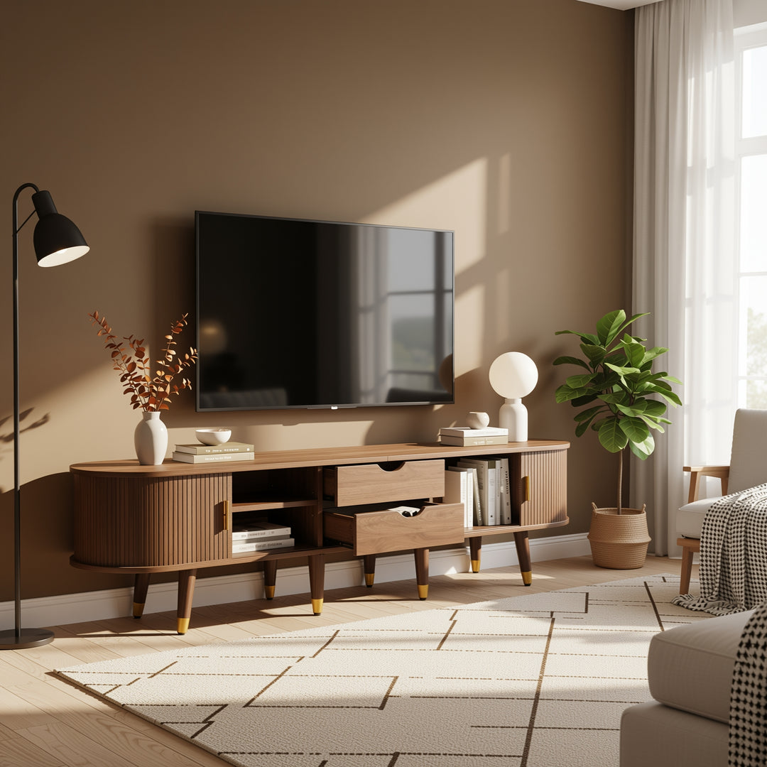 Dark oak textured TV stand with 2 sliding doors and 2 drawers STRUCTUR