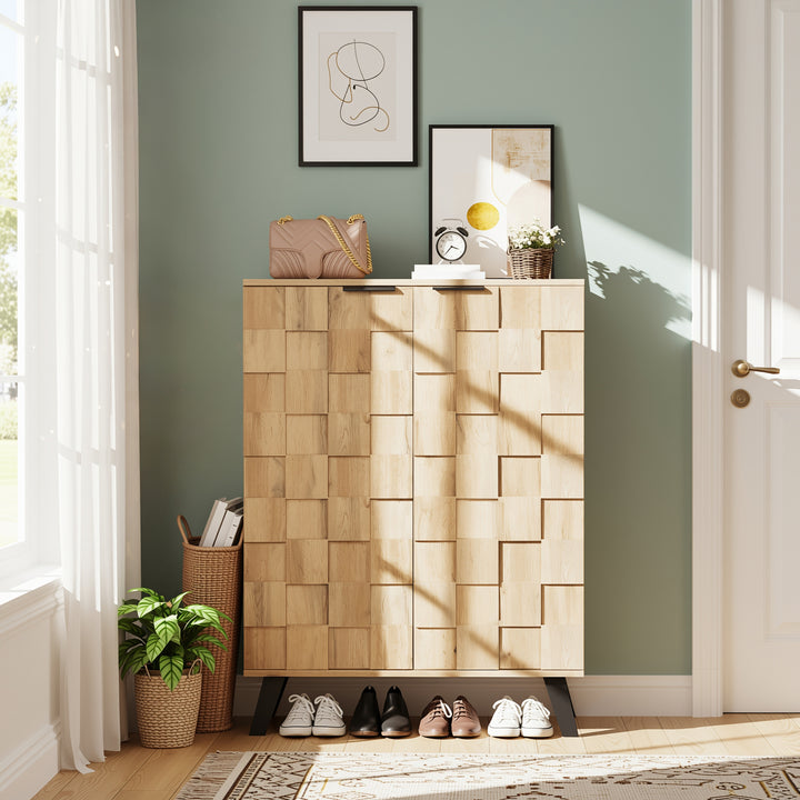 Vintage shoe cabinet textured oak look 3D with adjustable shelves 80×35×110cm FLAGELLUM