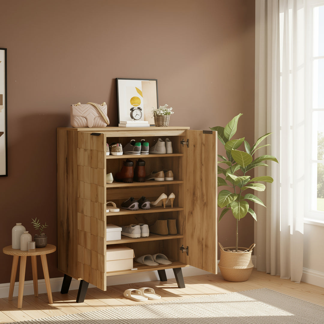 Vintage shoe cabinet textured oak look 3D with adjustable shelves 80×35×110cm FLAGELLUM