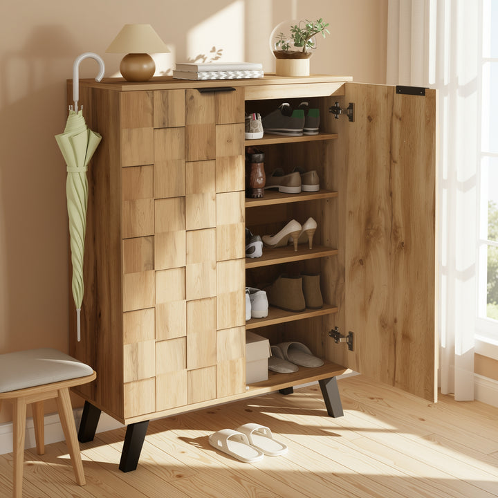 Vintage shoe cabinet textured oak look 3D with adjustable shelves 80×35×110cm FLAGELLUM