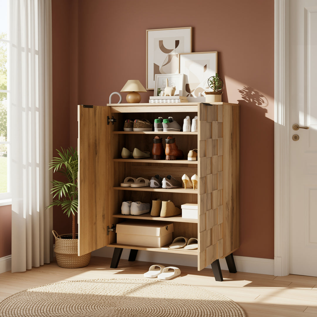 Vintage shoe cabinet textured oak look 3D with adjustable shelves 80×35×110cm FLAGELLUM