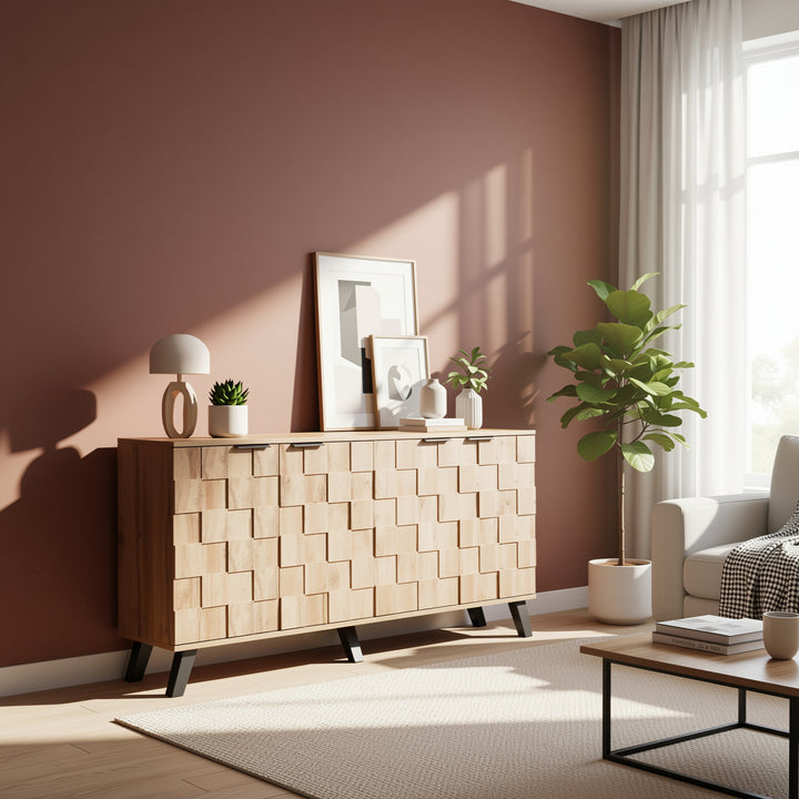 Vintage sideboard textured oak look 3D square front 4 doors and adjustable shelves 150×35×78cm LYSOGEN