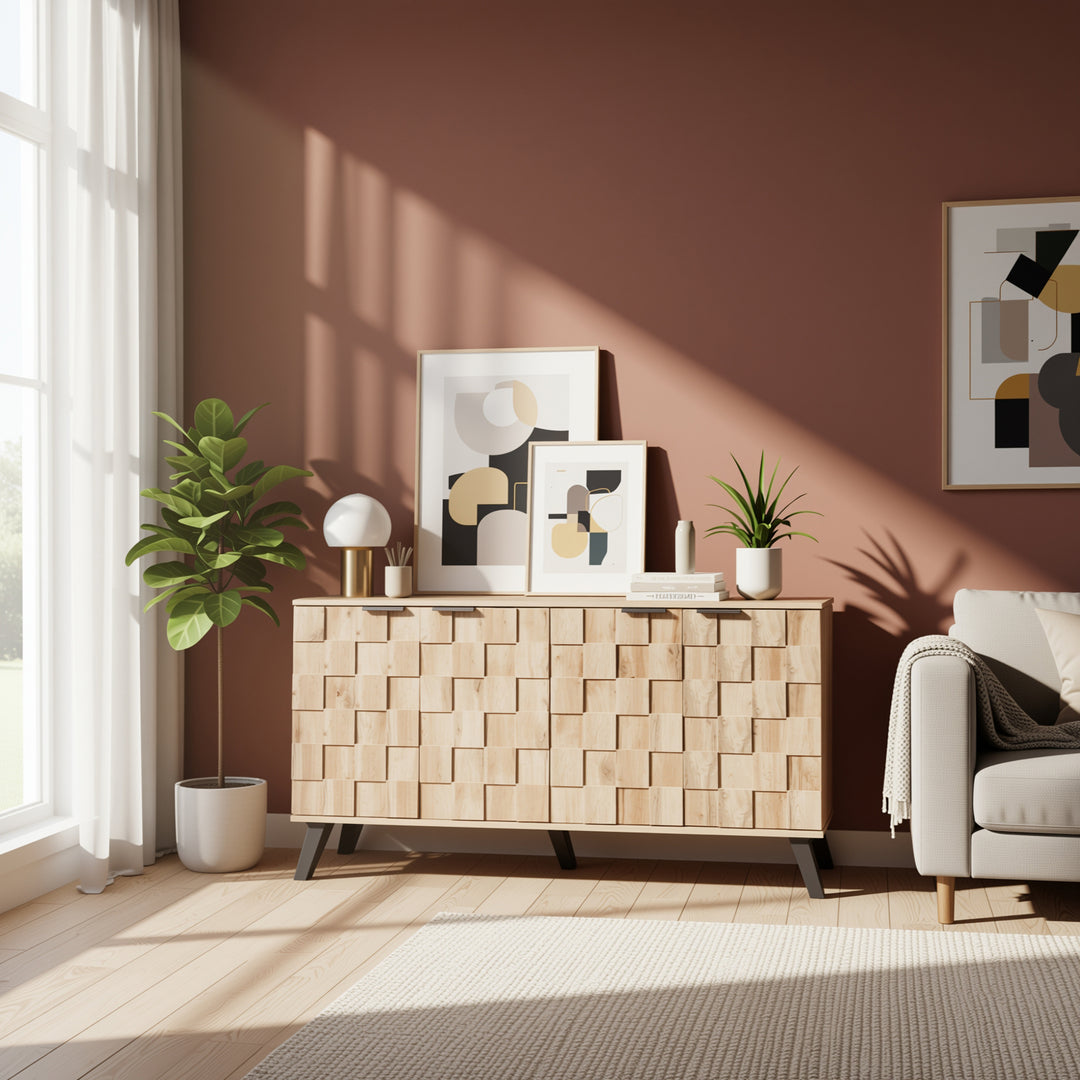 Vintage sideboard textured oak look 3D square front 4 doors and adjustable shelves 150×35×78cm LYSOGEN