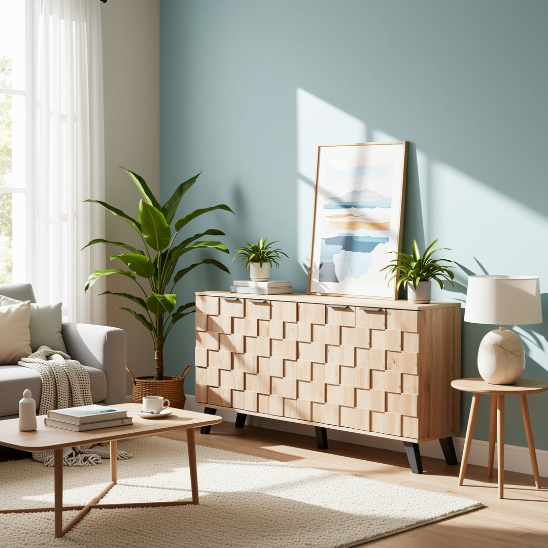 Vintage sideboard textured oak look 3D square front 4 doors and adjustable shelves 150×35×78cm LYSOGEN